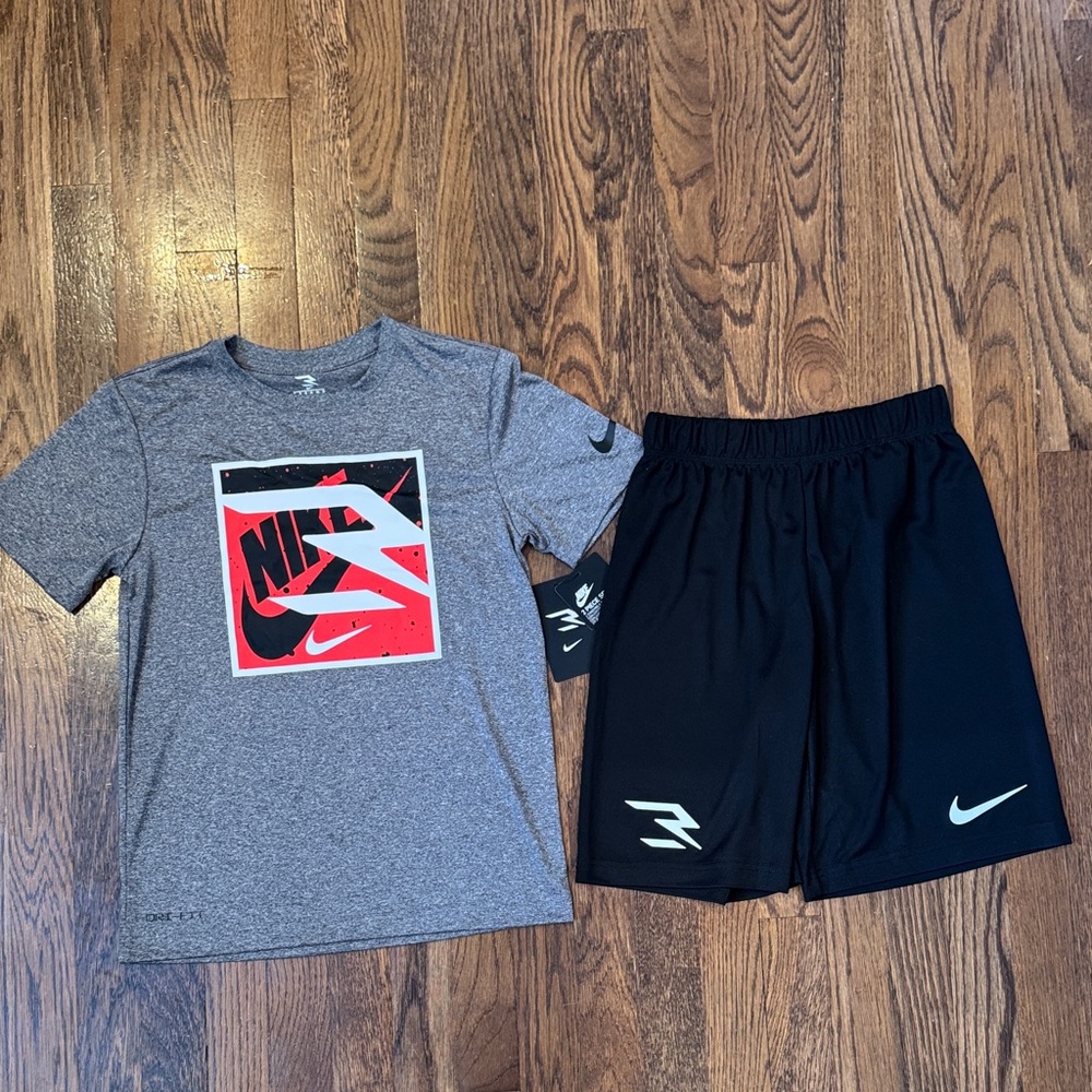 Boys Nike Heather Gray DRI FIT Tee and Black Shorts Set